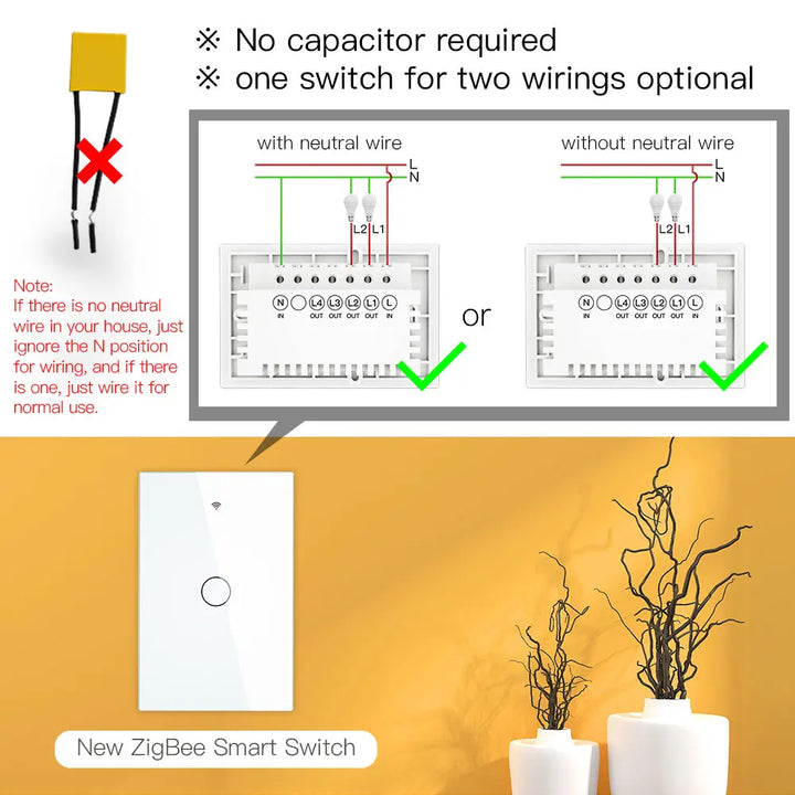 MOES ZigBee Touch Smart Light Switch With Neutral/No Neutral , US Wall Switch No Capacitor Smart Life/Tuya Works with Alexa