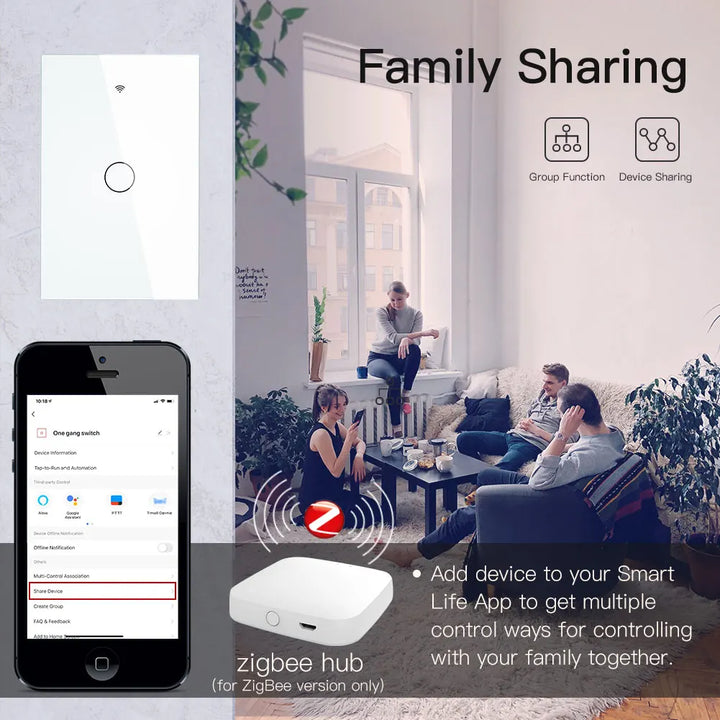 MOES ZigBee Touch Smart Light Switch With Neutral/No Neutral , US Wall Switch No Capacitor Smart Life/Tuya Works with Alexa