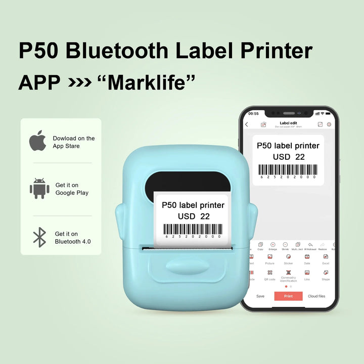 MARKLife P50 Thermal Wireless Label Printer Portable Bluetooth Sticker Mini Printer Barcode Label Maker Price Tag Printers DIY